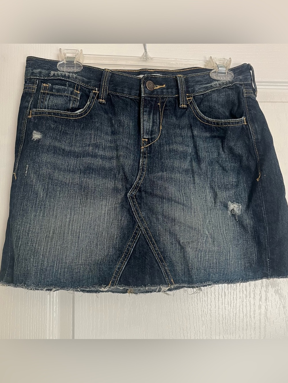 Y2K Old Navy Distressed Denim Mini Skirt Frayed Hem Stretch Blue Cotton Women 4